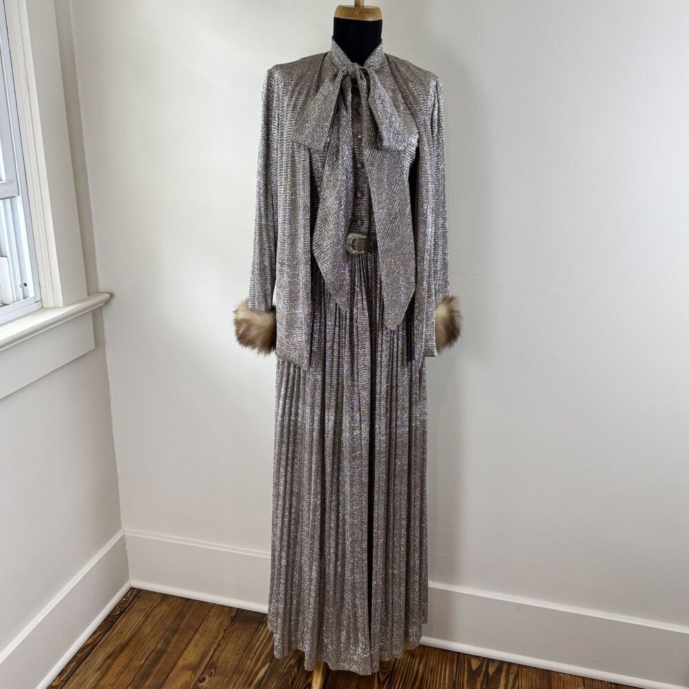 Vintage Oscar de la Renta Metallic Lamé Dress Set | Fur Cuffs, ILGWU
